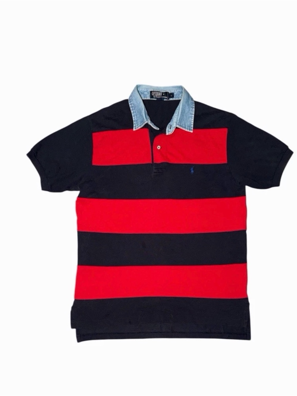 Polo by Ralph Lauren Red and Black Striped Polo with Denim Collar